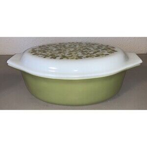 Vintage Pyrex Casserole Dish 2.5 Quart Verde Olive #045  w Lid Green White